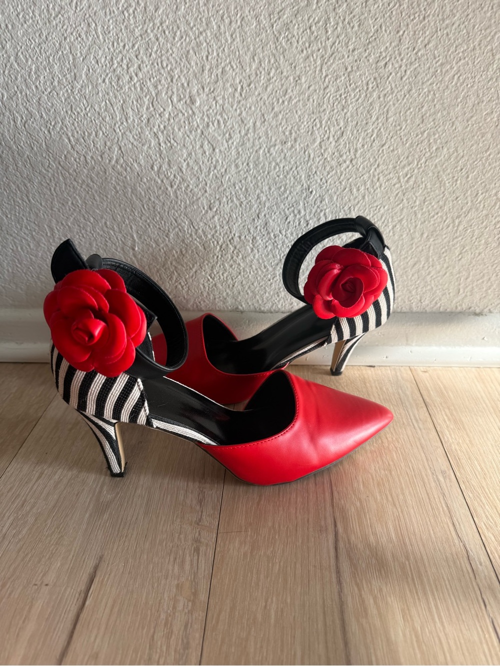 Striped Back Red Floral Accent Women's Heels